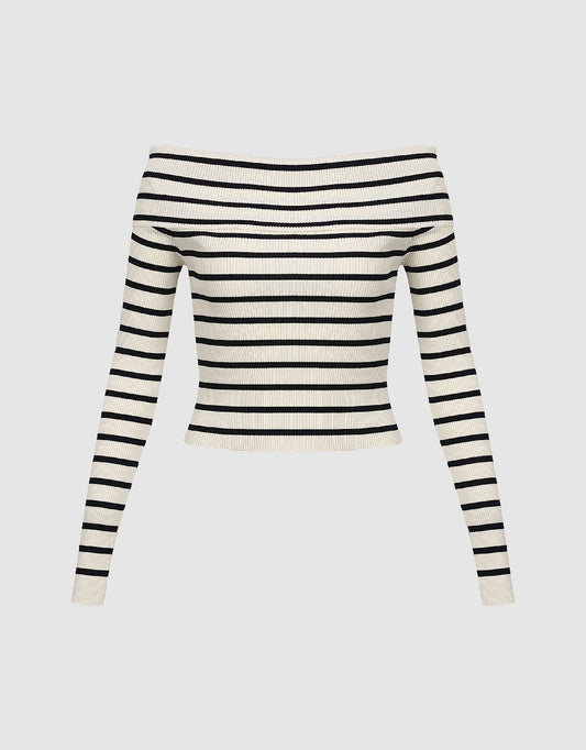 Striped Off-Shoulder Knitted T-Shirt