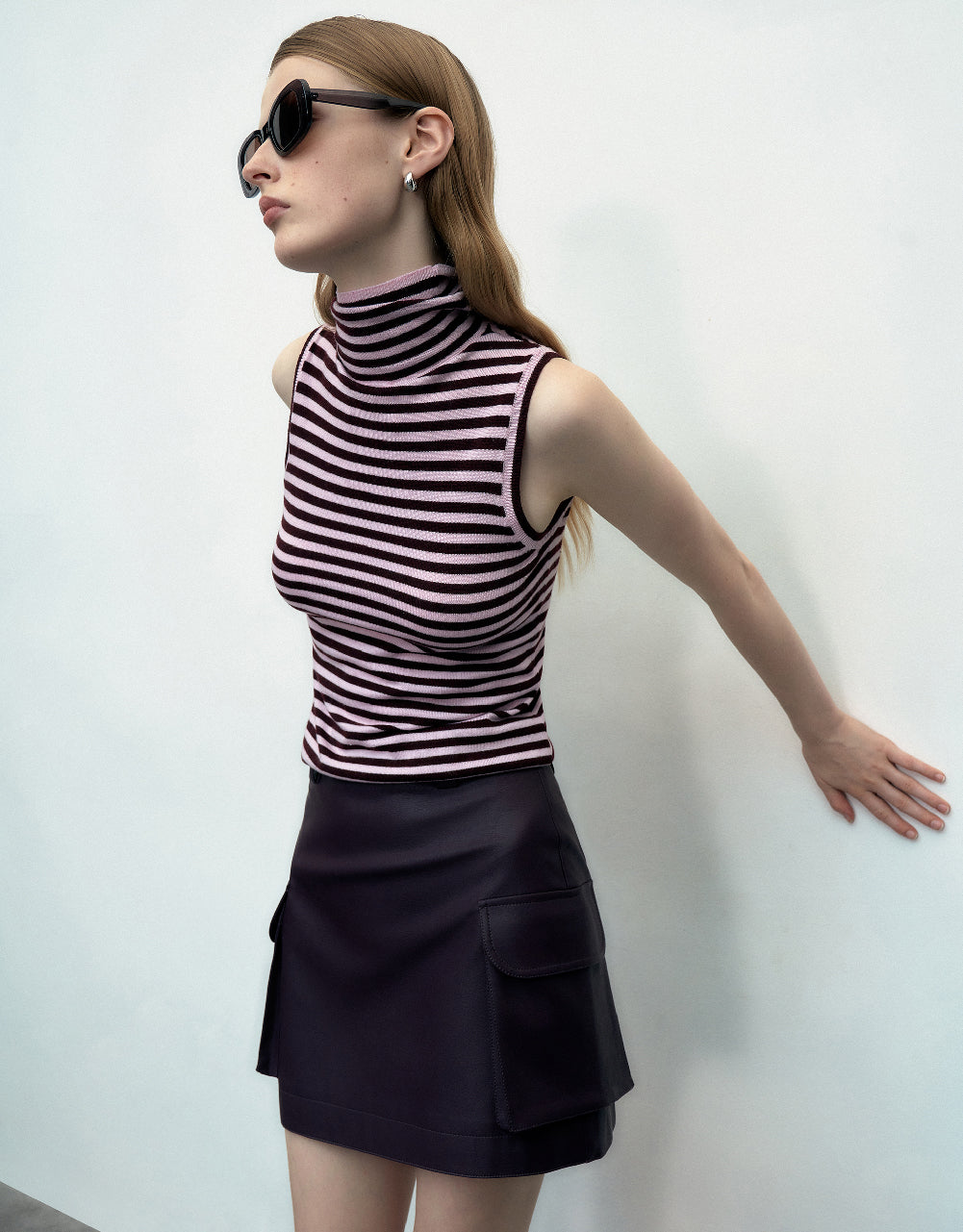 Striped Turtle Neck Knitted Tank Top