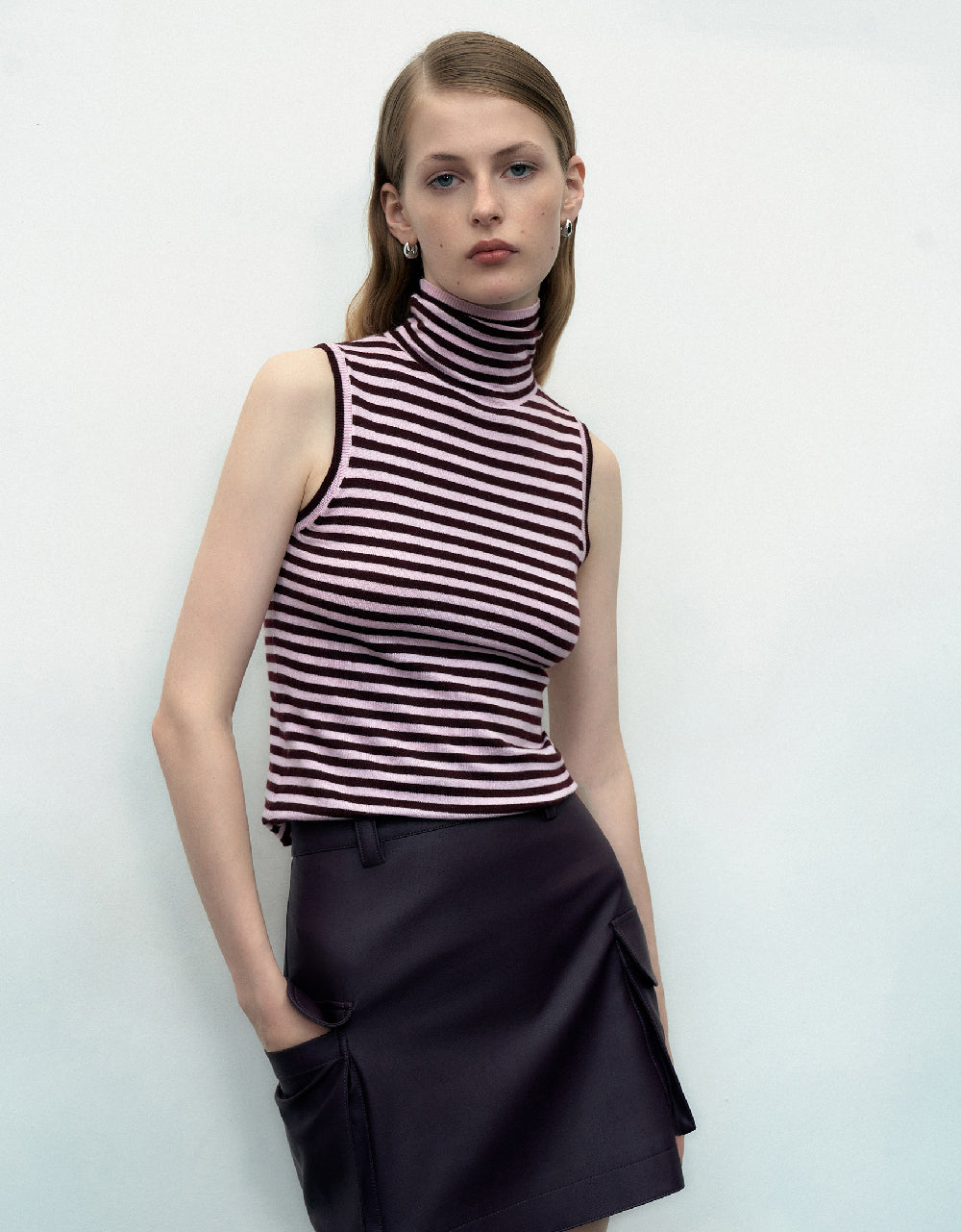 Striped Turtle Neck Knitted Tank Top