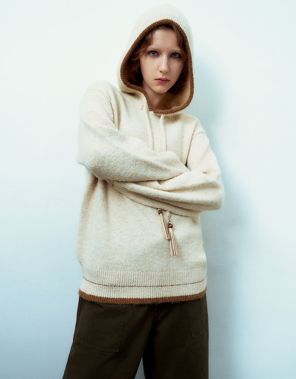 Drop Shoulder Sleeve Hooded Knitted T-Shirt