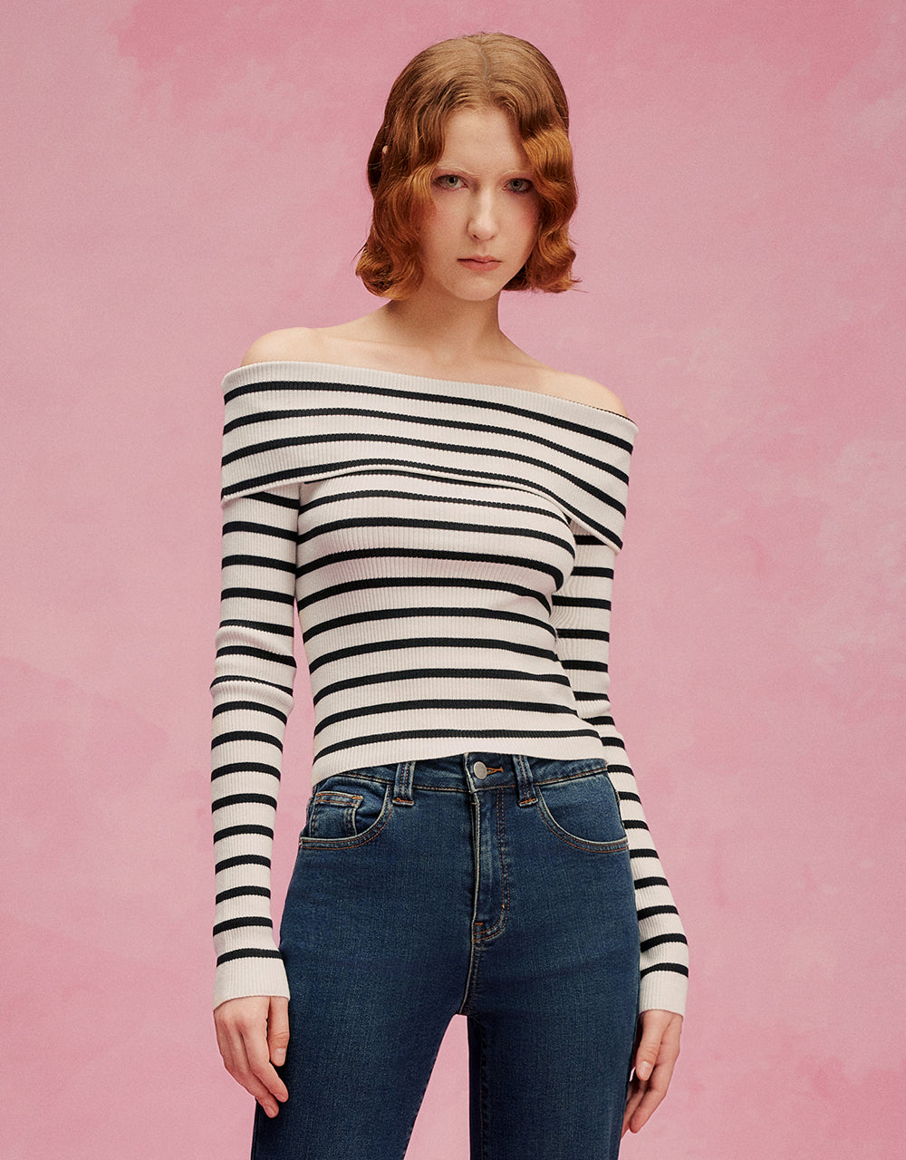 Striped Off-Shoulder Knitted T-Shirt