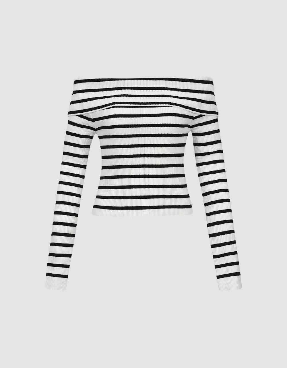 Striped Off-Shoulder Knitted T-Shirt