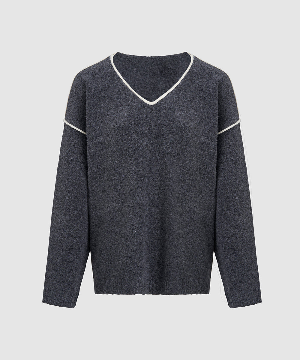 Drop Shoulder Sleeve V-Neck Knitted T-Shirt