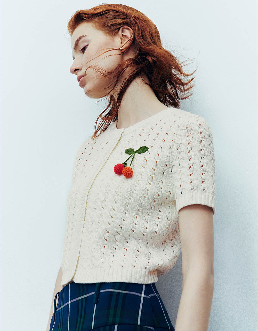 Fruit Embroidered Crew Neck Knitted Cardigan