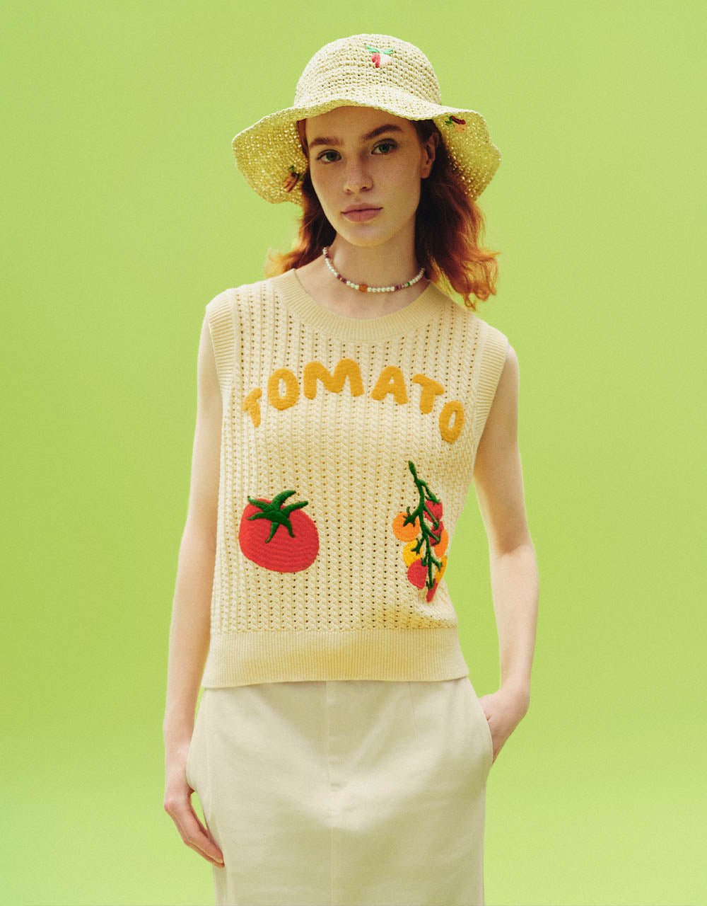 Tomato Embroidered Crew Neck Knitted Tank Top