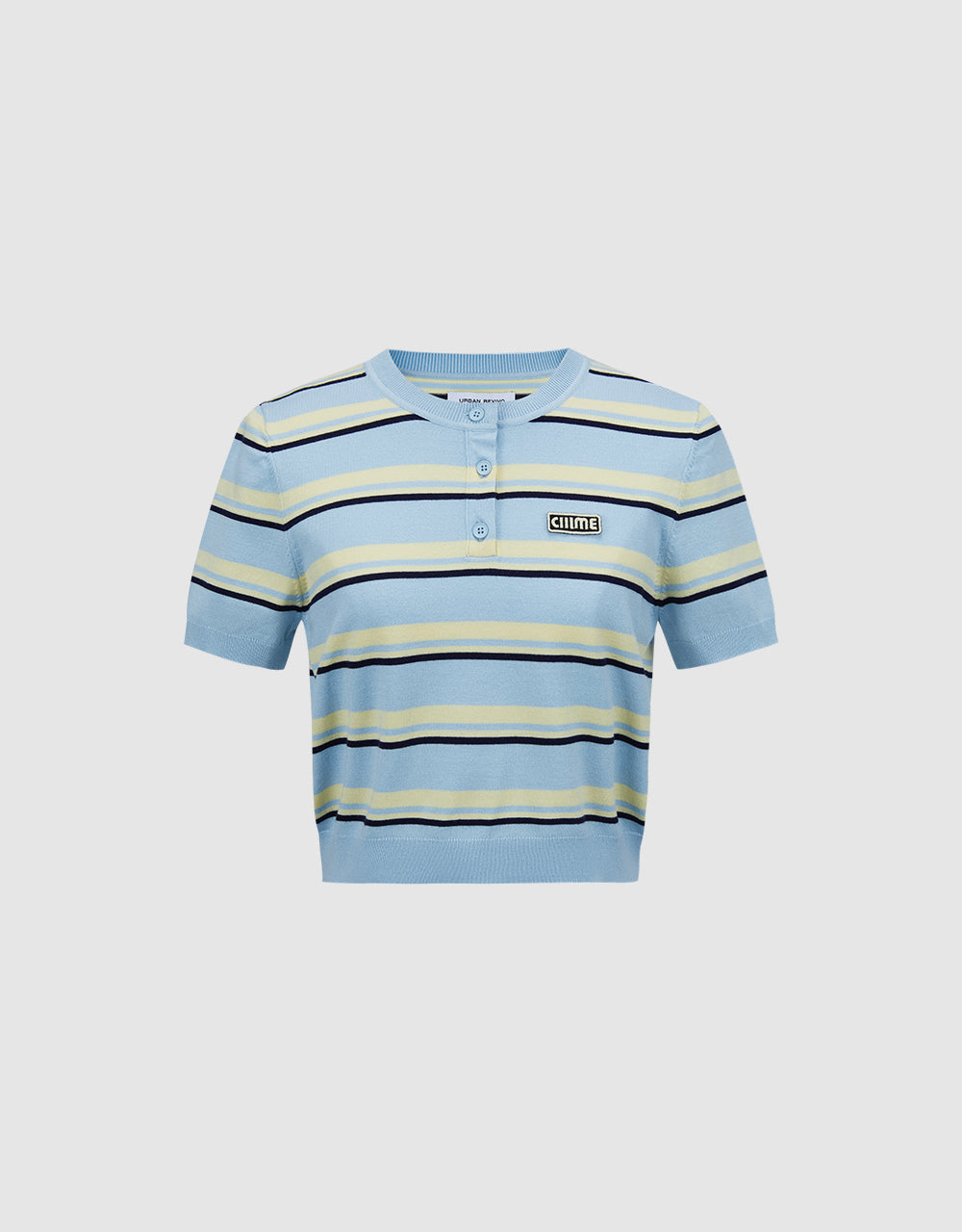 Button Half Placket Striped Knitted T-Shirt