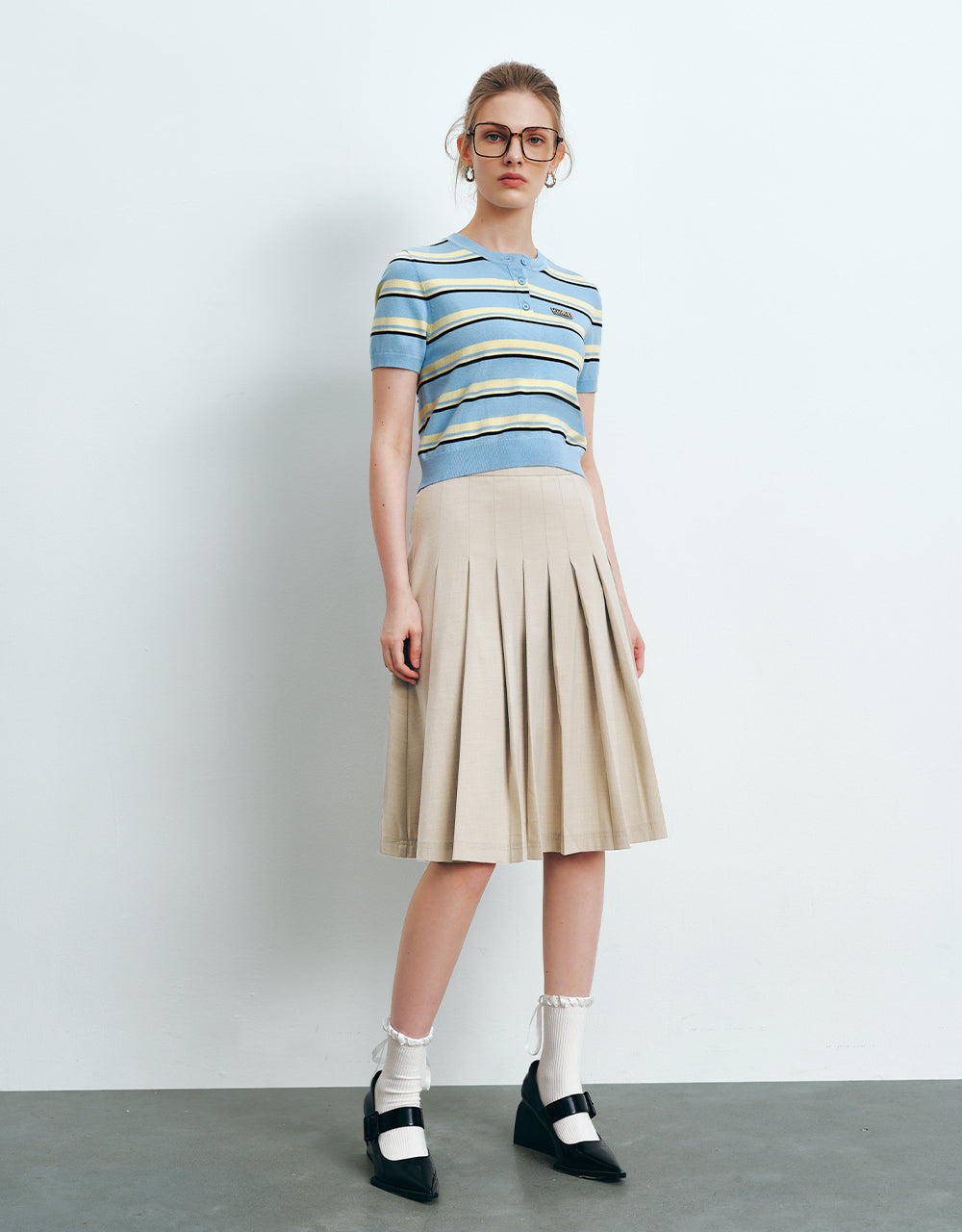 Button Half Placket Striped Knitted T-Shirt