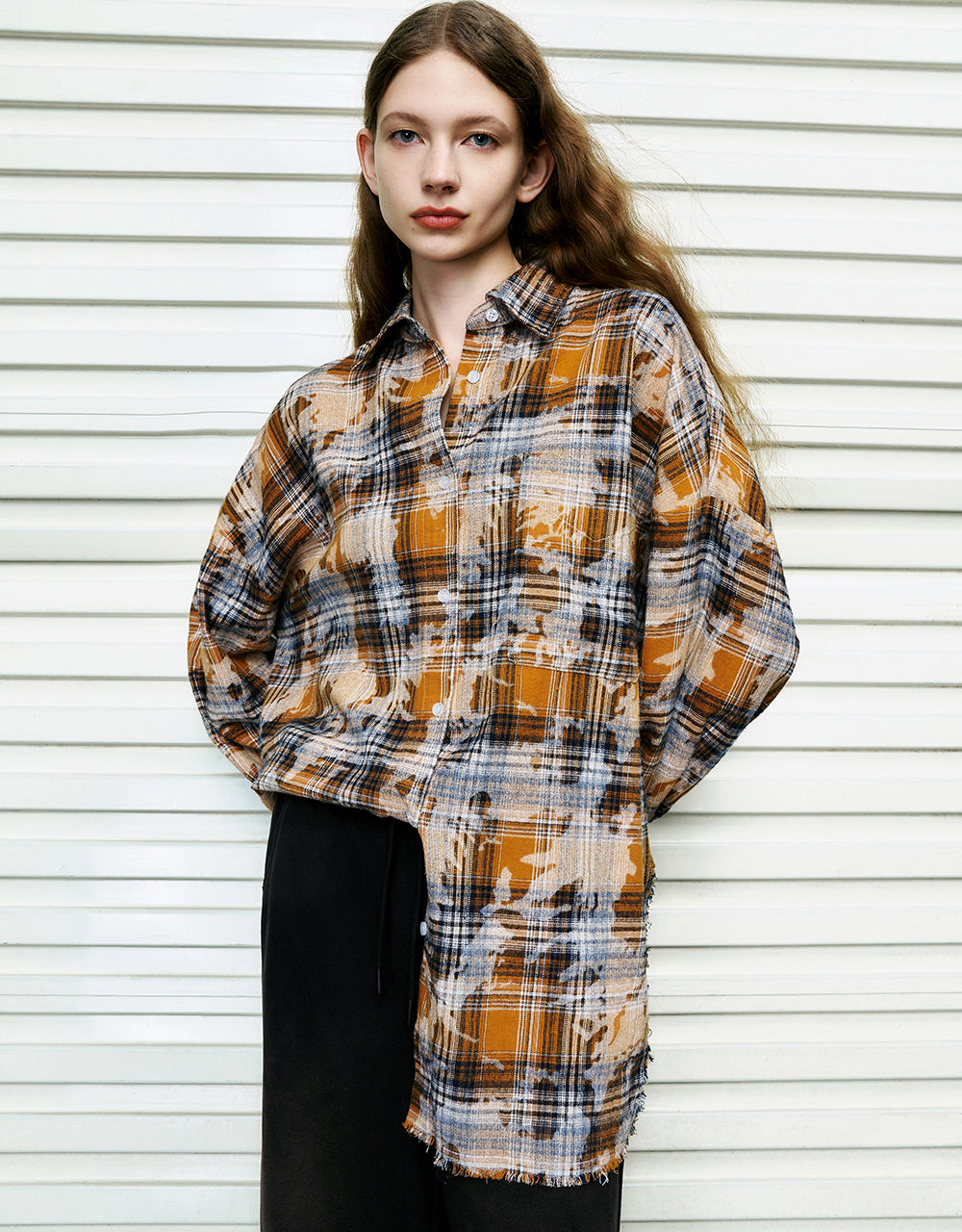 Printed Plaid Button Up Straight Shirt