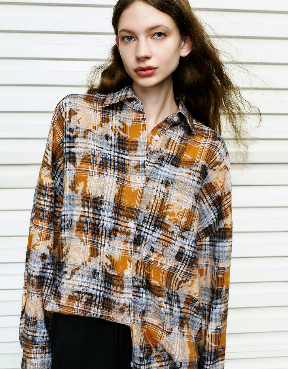 Printed Plaid Button Up Straight Shirt