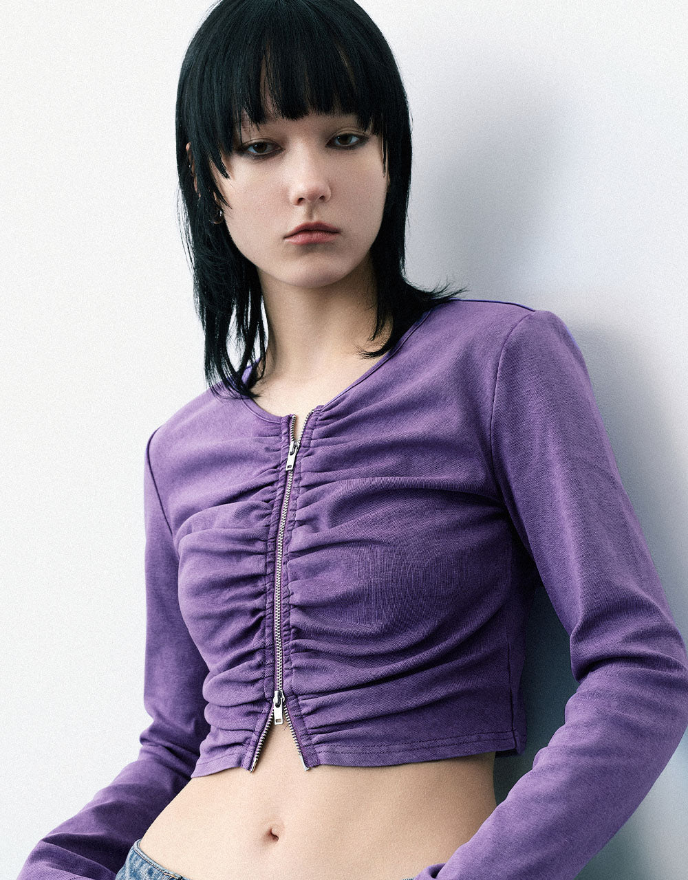 Zipper Front V-Neck Knitted Shirt