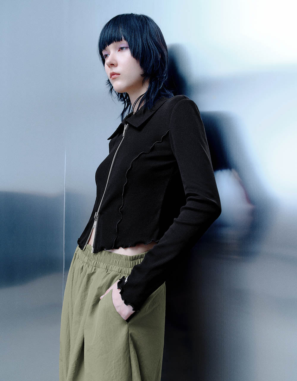 Lettuce Trim Zipper Front Skinny Shirt