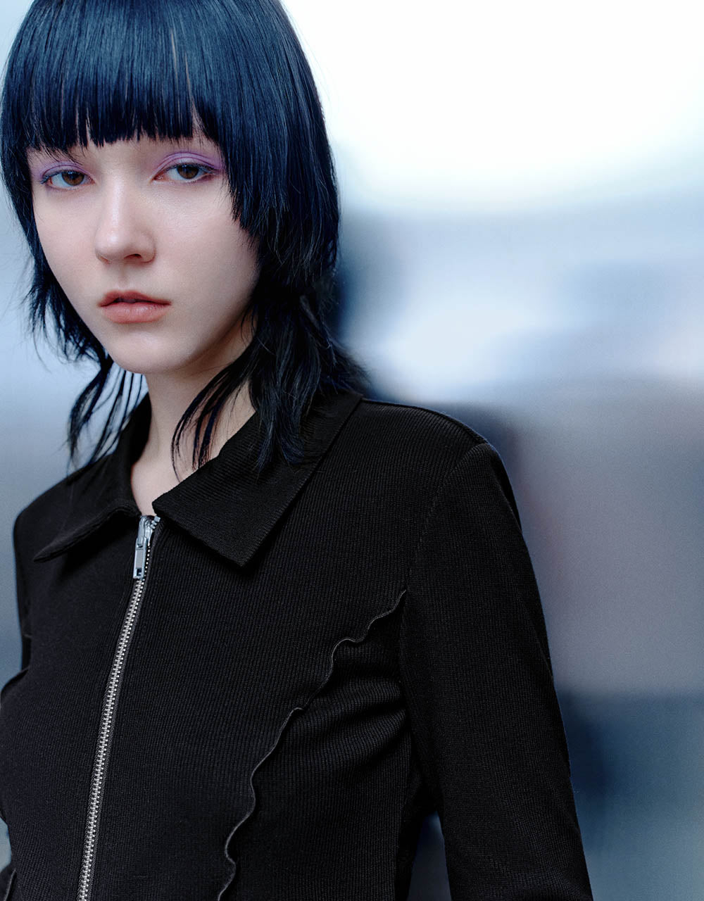 Lettuce Trim Zipper Front Skinny Shirt