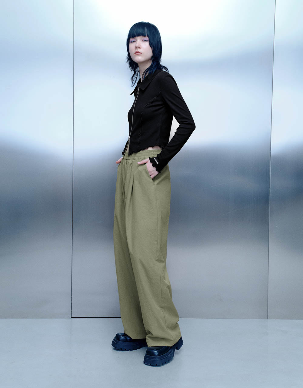 Lettuce Trim Zipper Front Skinny Shirt