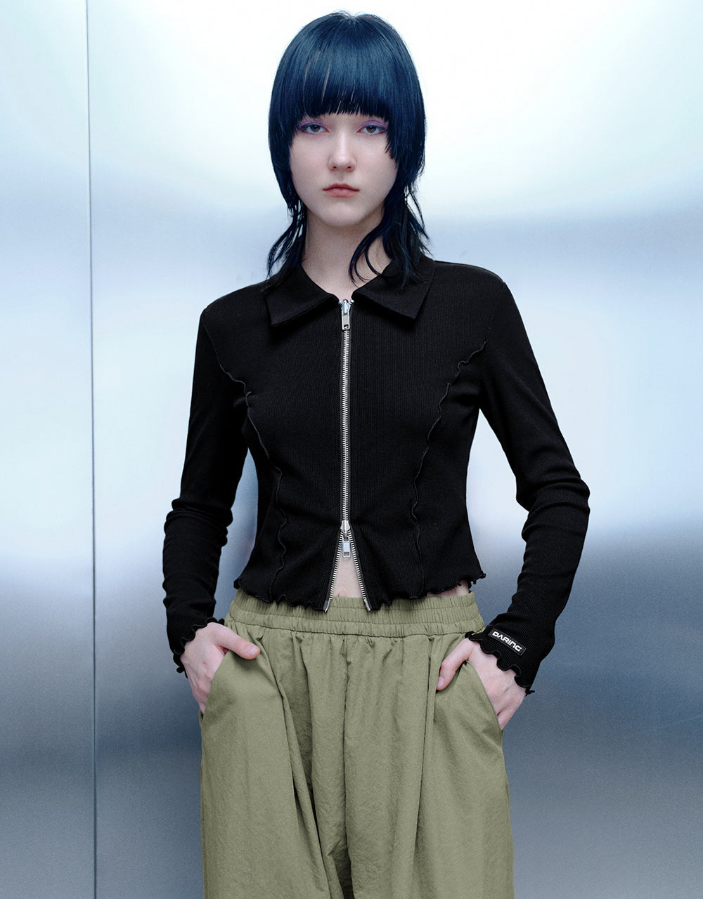 Lettuce Trim Zipper Front Skinny Shirt