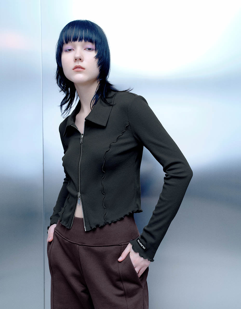 Lettuce Trim Zipper Front Skinny Shirt