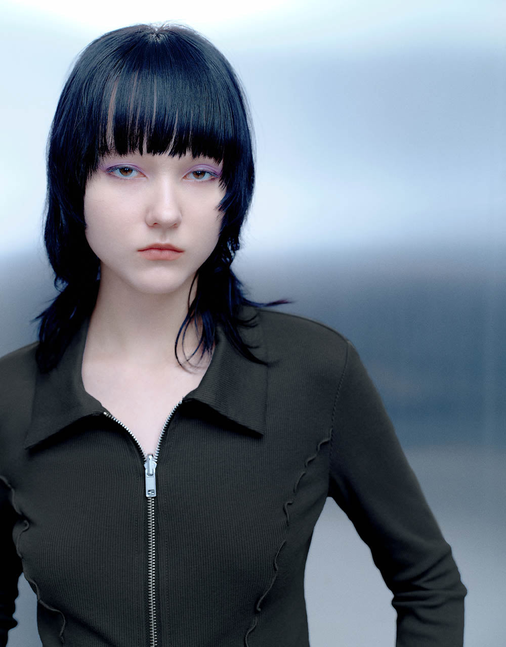 Lettuce Trim Zipper Front Skinny Shirt