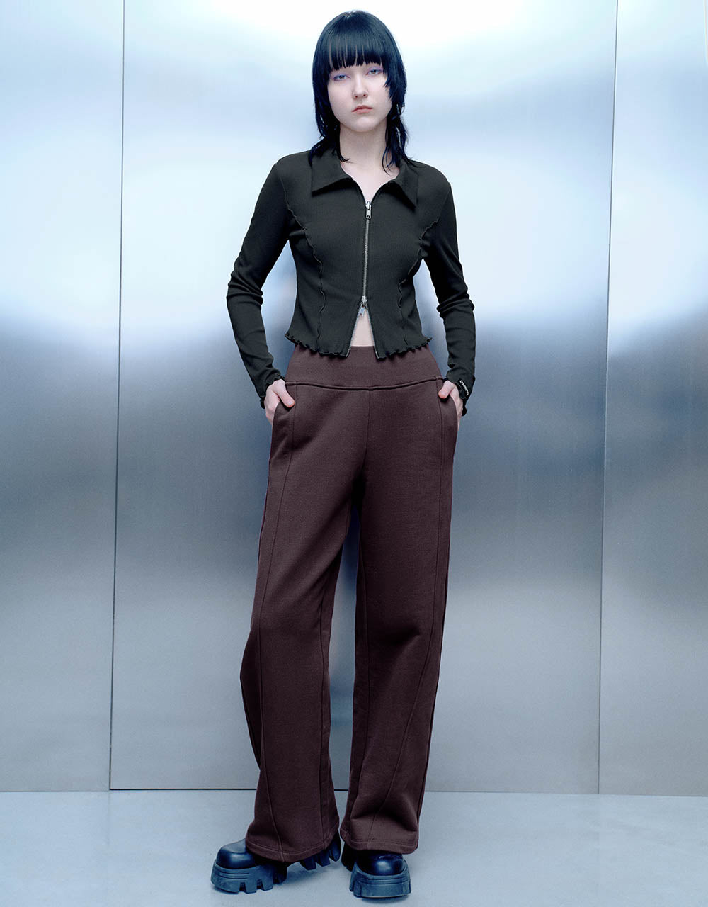 Lettuce Trim Zipper Front Skinny Shirt