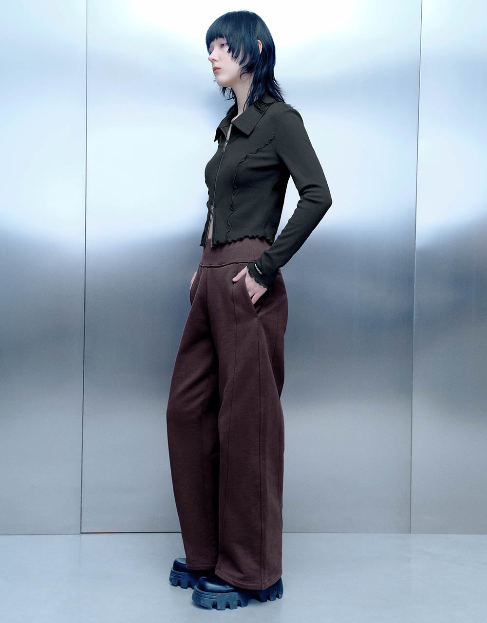 Lettuce Trim Zipper Front Skinny Shirt