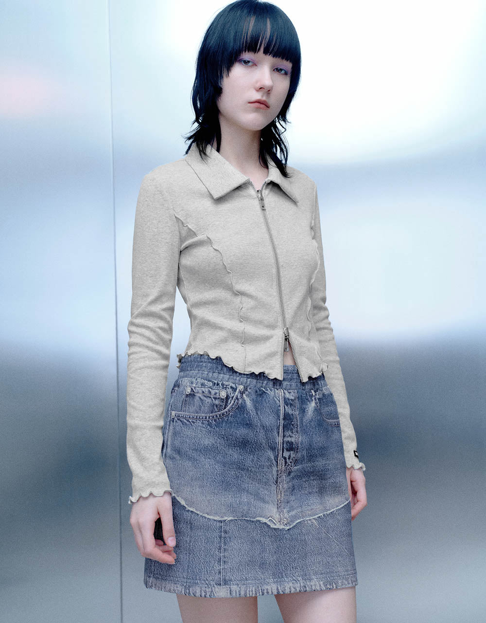 Lettuce Trim Zipper Front Skinny Shirt