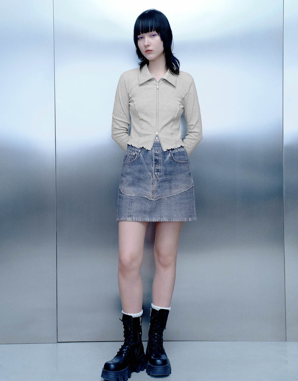 Lettuce Trim Zipper Front Skinny Shirt