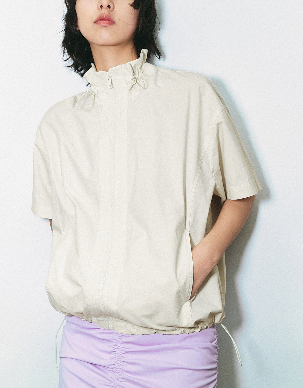 Zipper Front Stand Collar Balloon Shirt