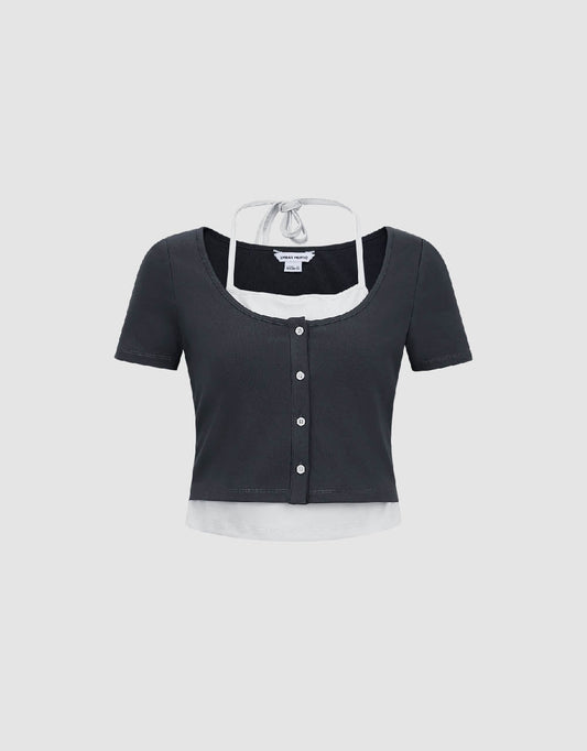 2 In 1 Halter Neck Knitted T-Shirt