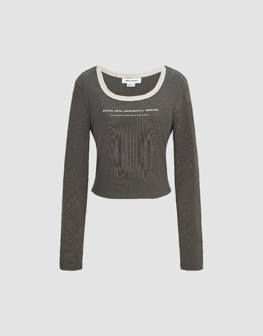 Letter Printed U Neck Knitted T-Shirt