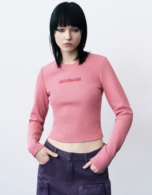 Letter Embossed Crew Neck Knitted T-Shirt