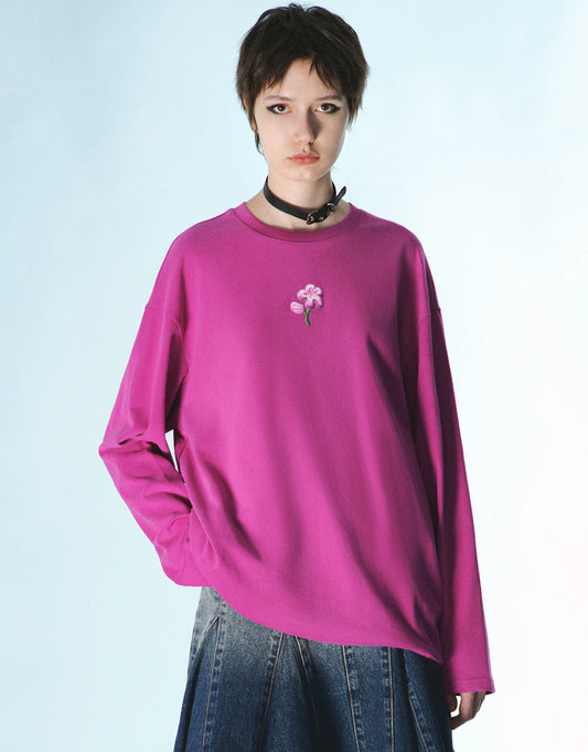 Flower Embossed Crew Neck Loose T-Shirt