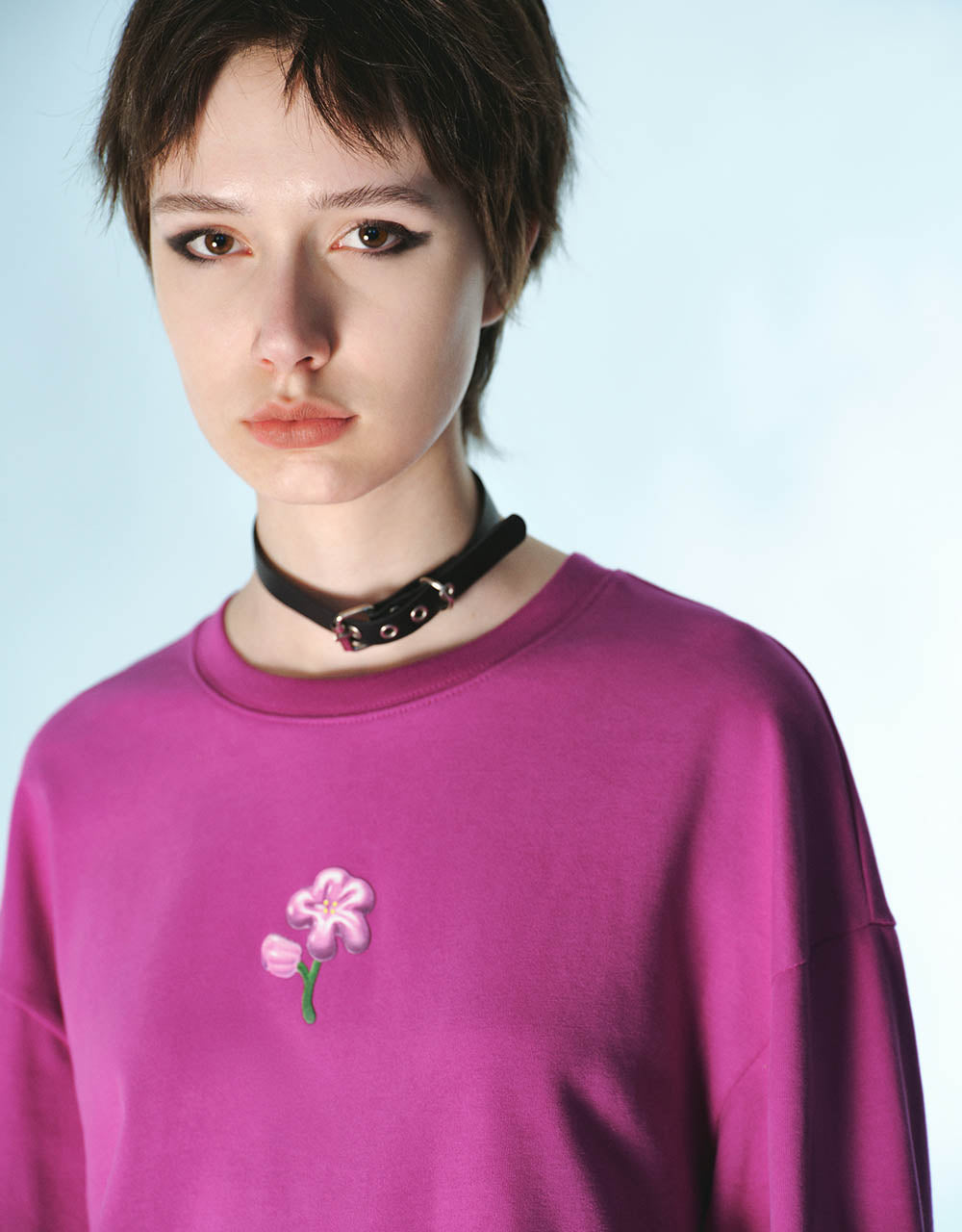 Flower Embossed Crew Neck Loose T-Shirt