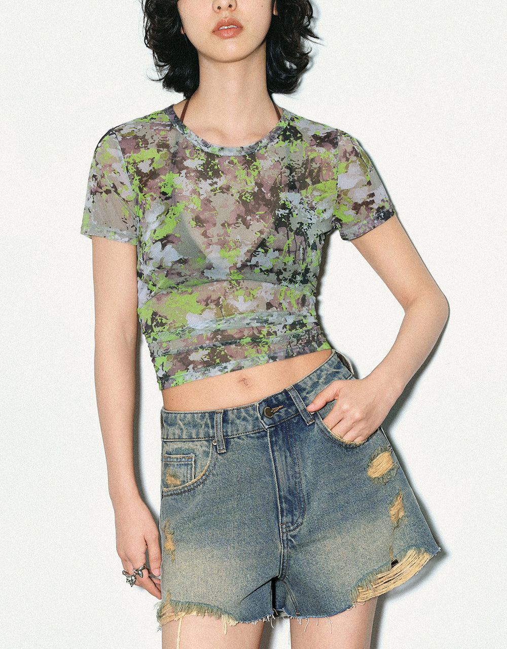 Camouflage Printed Crew Neck Skinny T-Shirt