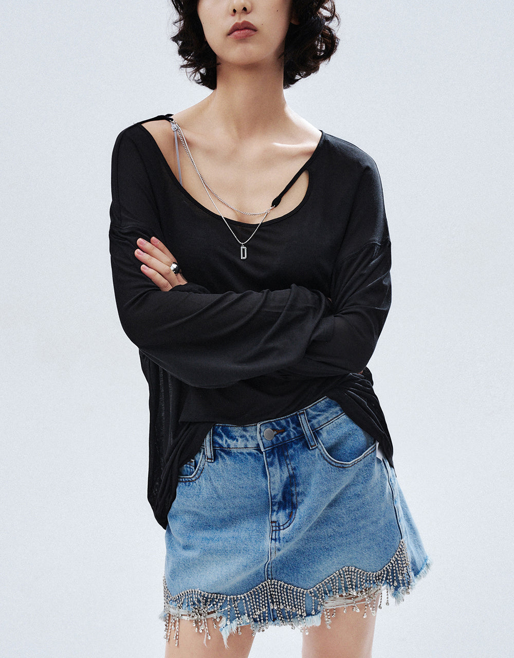 Crew Neck Loose T-Shirt With Necklace