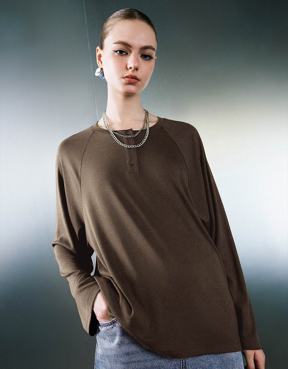 Button Half Placket Crew Neck Loose T-Shirt