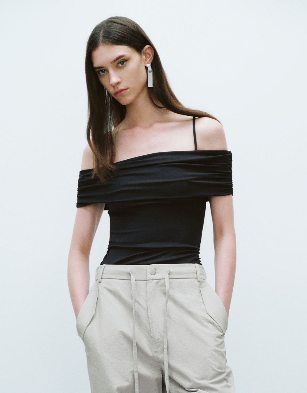 Ruched Off-Shoulder Knitted T-Shirt