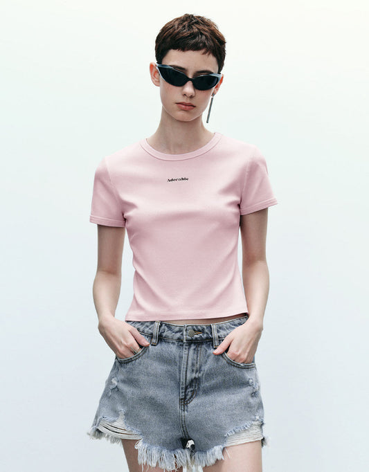 Letter Printed Crew Neck Skinny T-Shirt