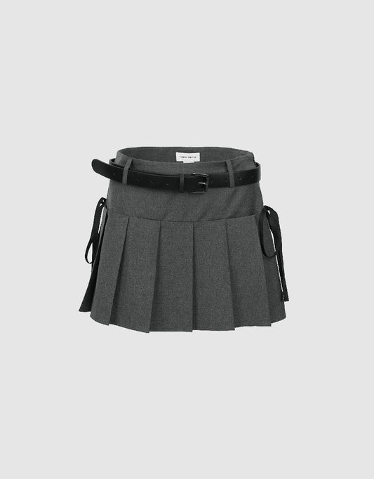 Pleated Mini A-Line Skirt With Belt