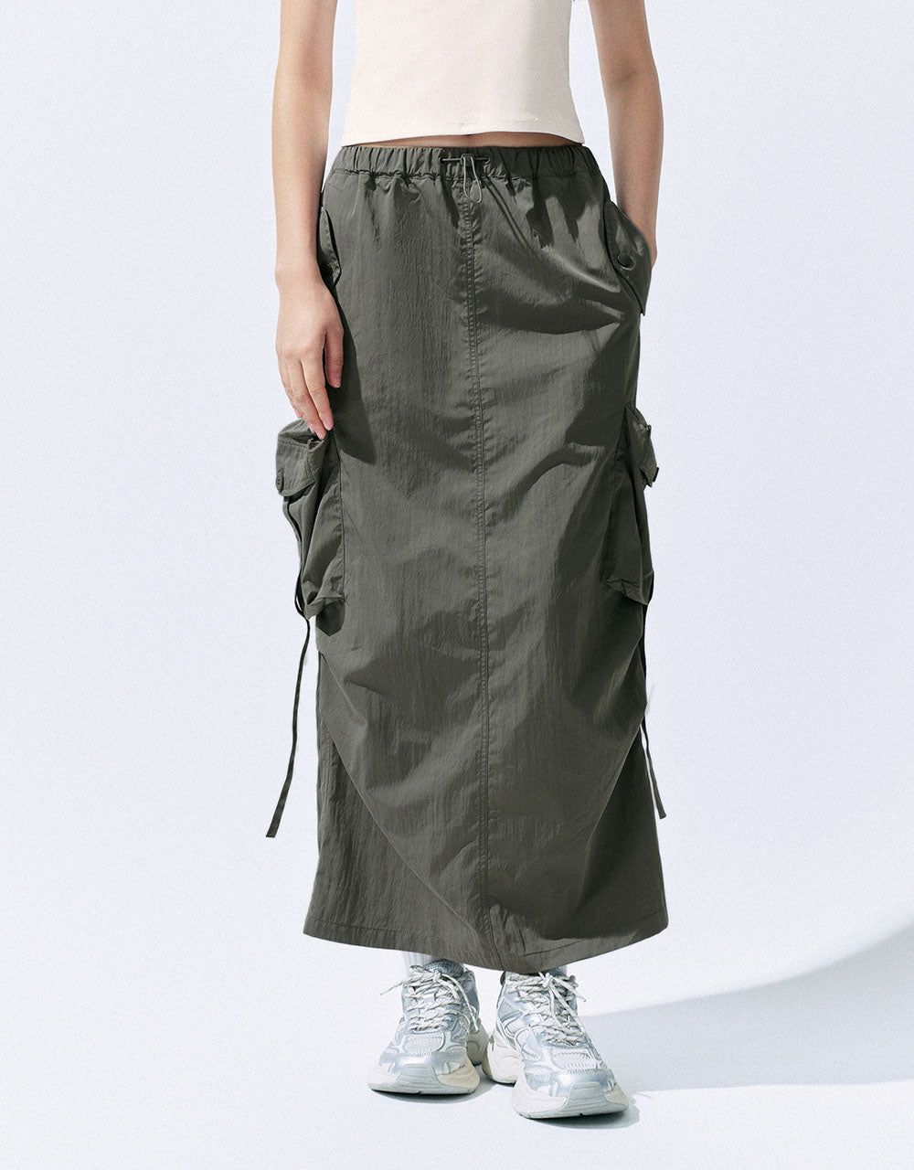 Drawstring Waist Midi Straight Skirt