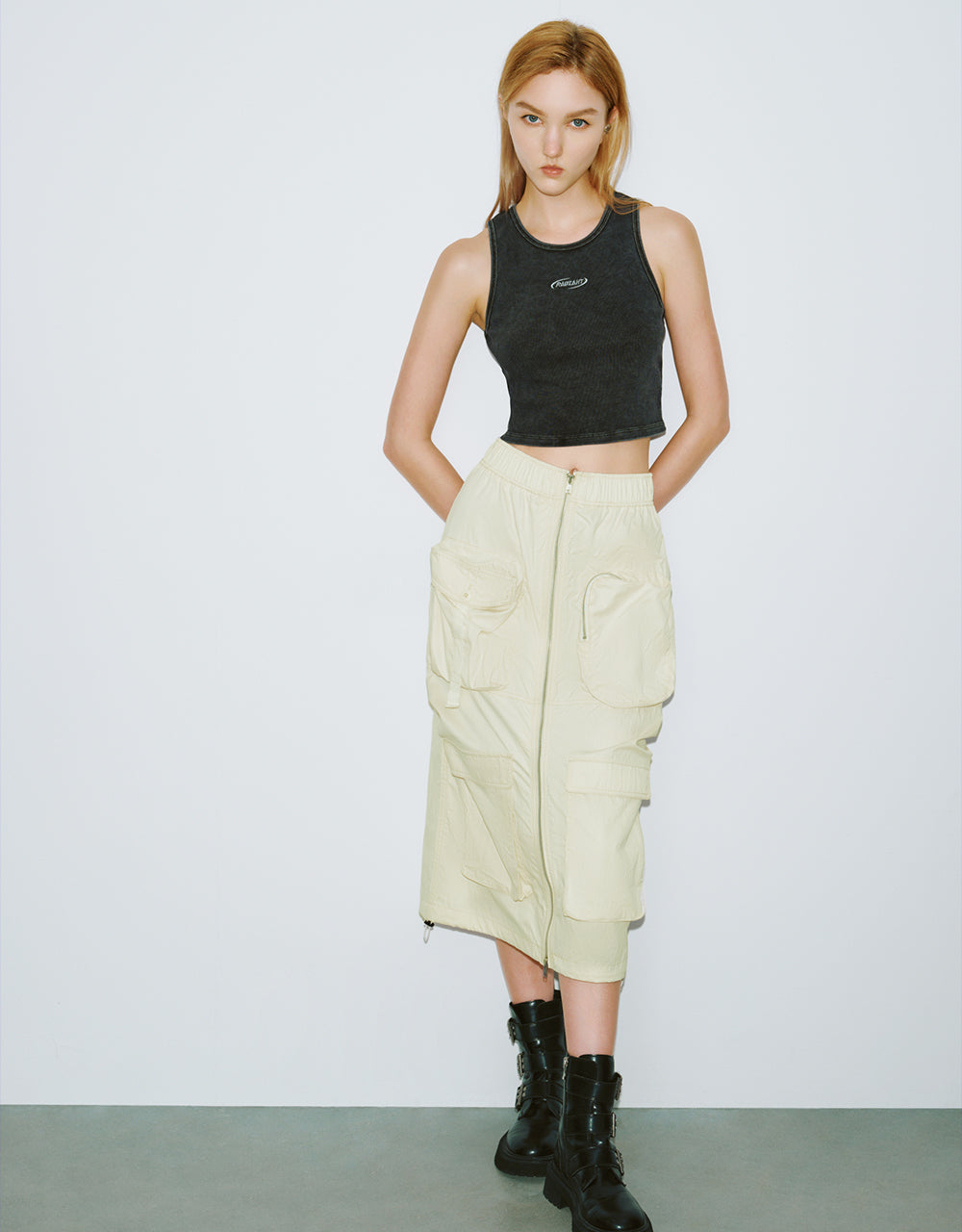 Elastic Waist Utility Straight Skirt