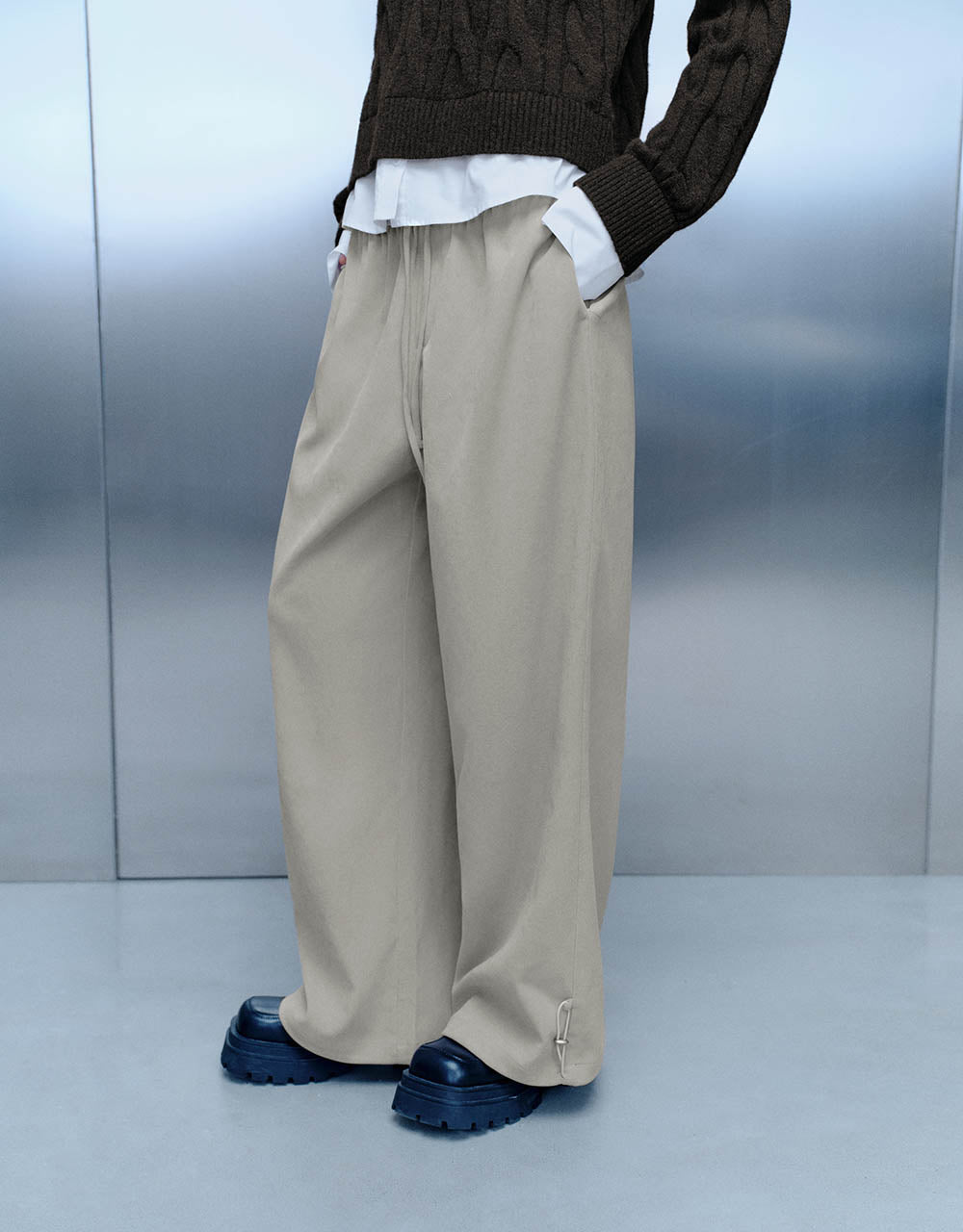 Drawstring Waist Knitted Wide-Leg Pants