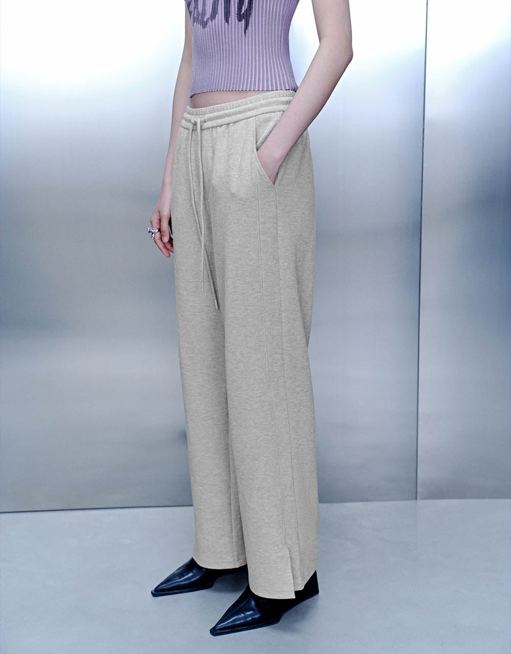 Drawstring Waist Knitted Wide-Leg Pants