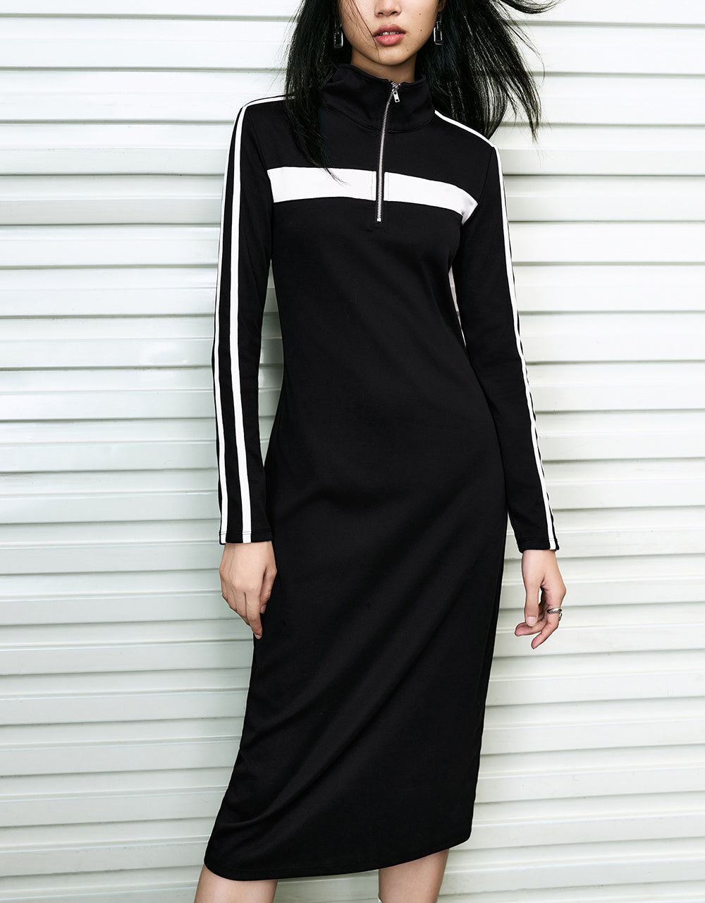 Zip Half Placket Stand Collar Dress