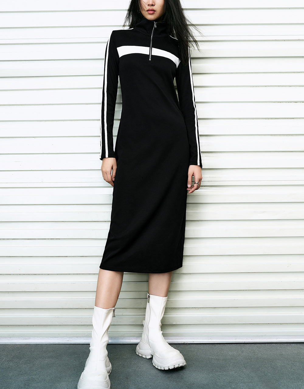 Zip Half Placket Stand Collar Dress