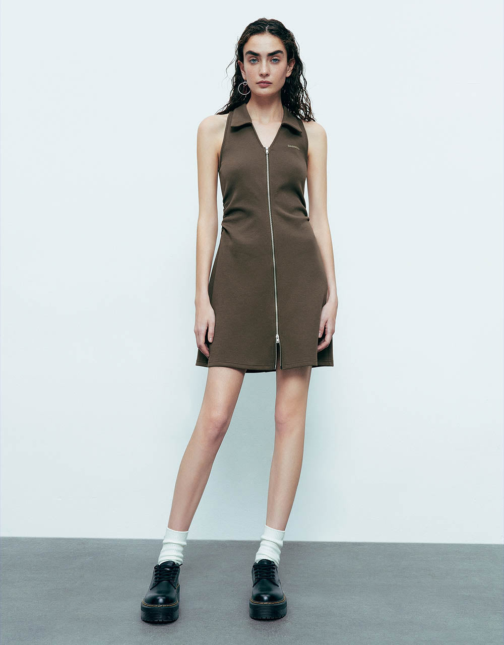 Zipper Front Sleeveless V-Neck Skinny Dress