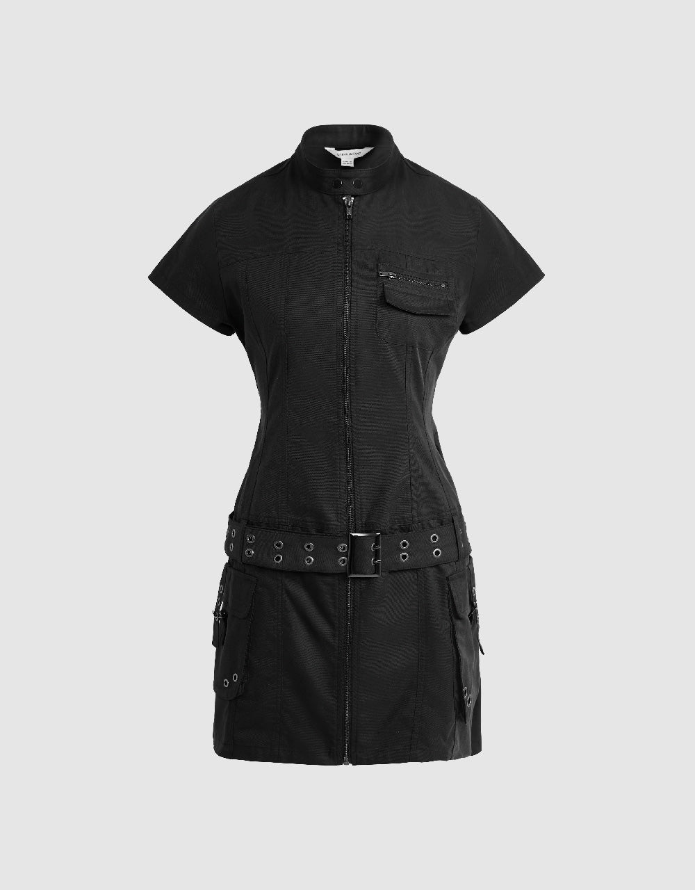 Zipper Front Stand Collar Straight Dress With Belt