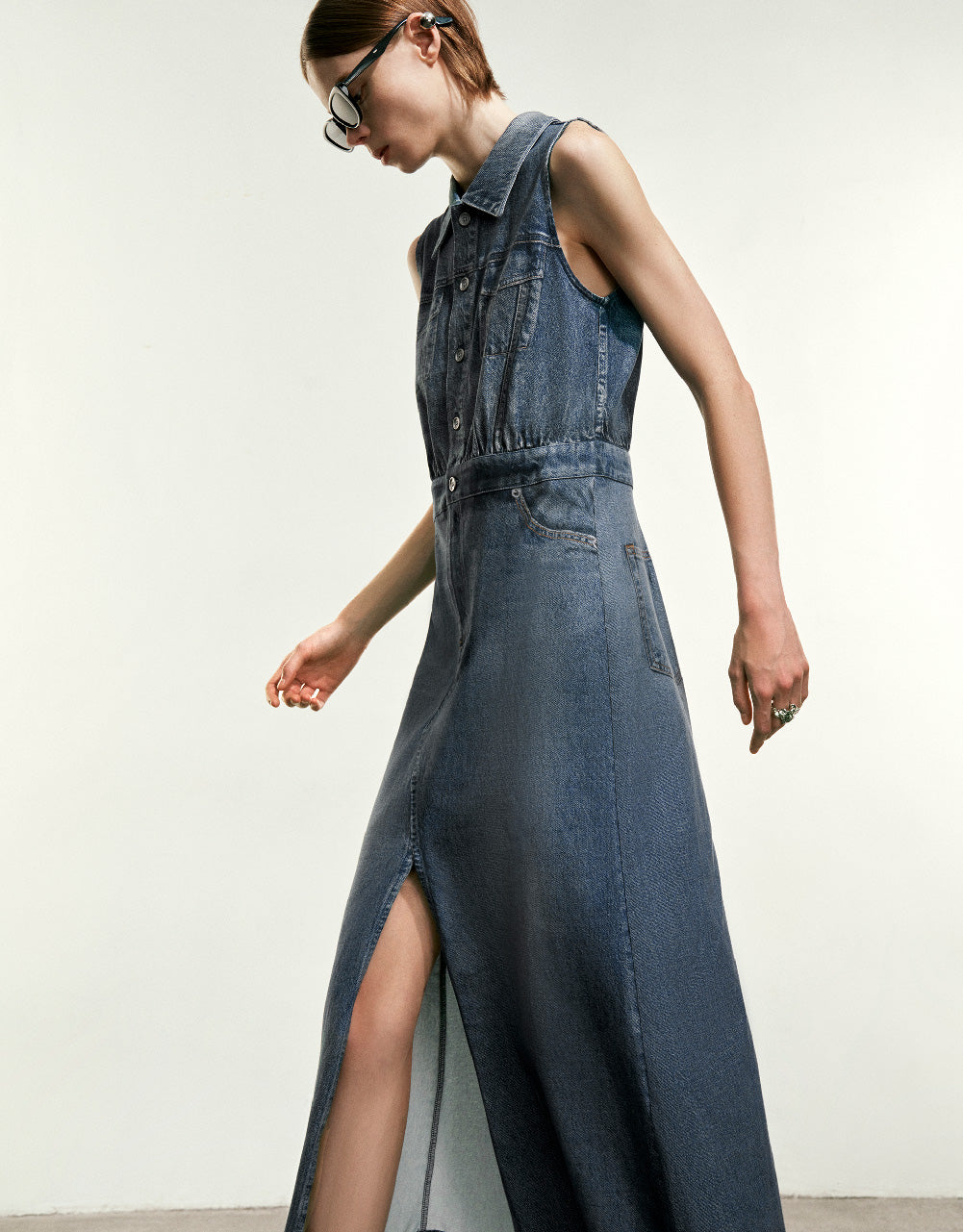 Split Hem Sleeveless Denim Dress