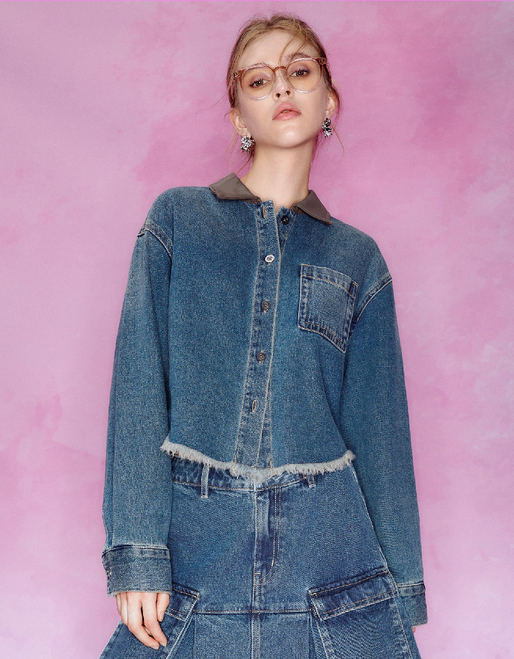 Raw Hem Button Up Denim Shirt