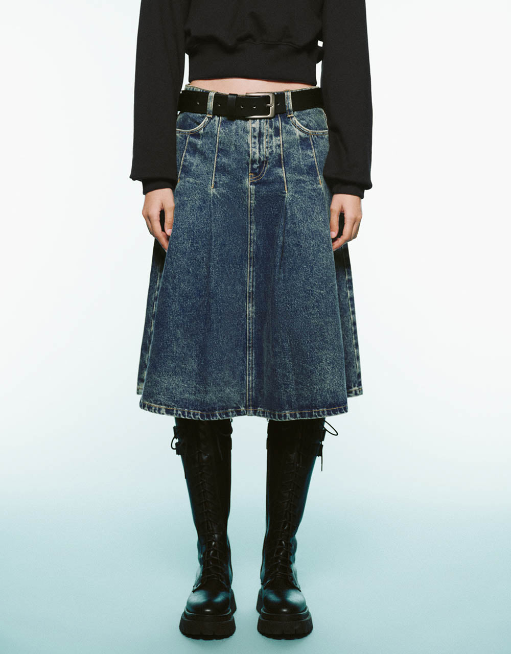 Pleated Mini A-Line Denim Skirt