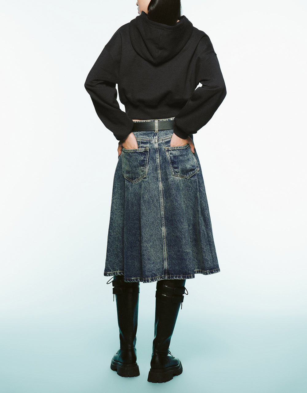 Pleated Mini A-Line Denim Skirt