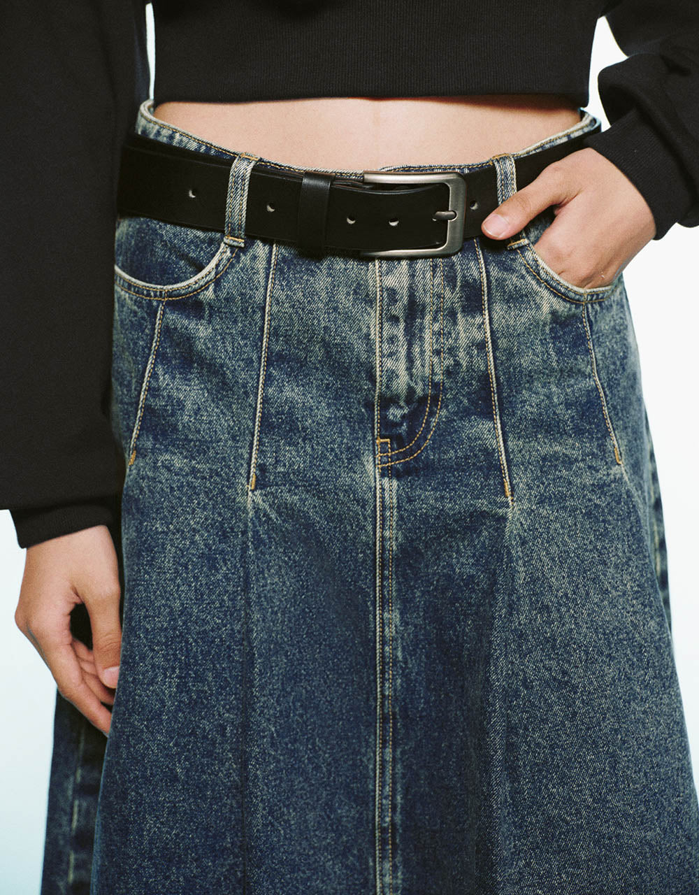 Pleated Mini A-Line Denim Skirt