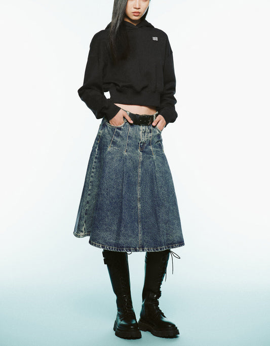 Pleated Mini A-Line Denim Skirt